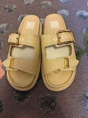NEW Dolce Vita Metallic Gold RAFIA Woven Buckle Slides size 7.5